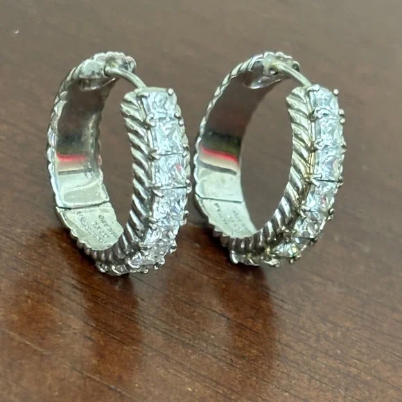 Judith Ripka Sterling Silver 925 Princess Cut Cubic Zirconia Hoop Earrings - Picture 6 of 7